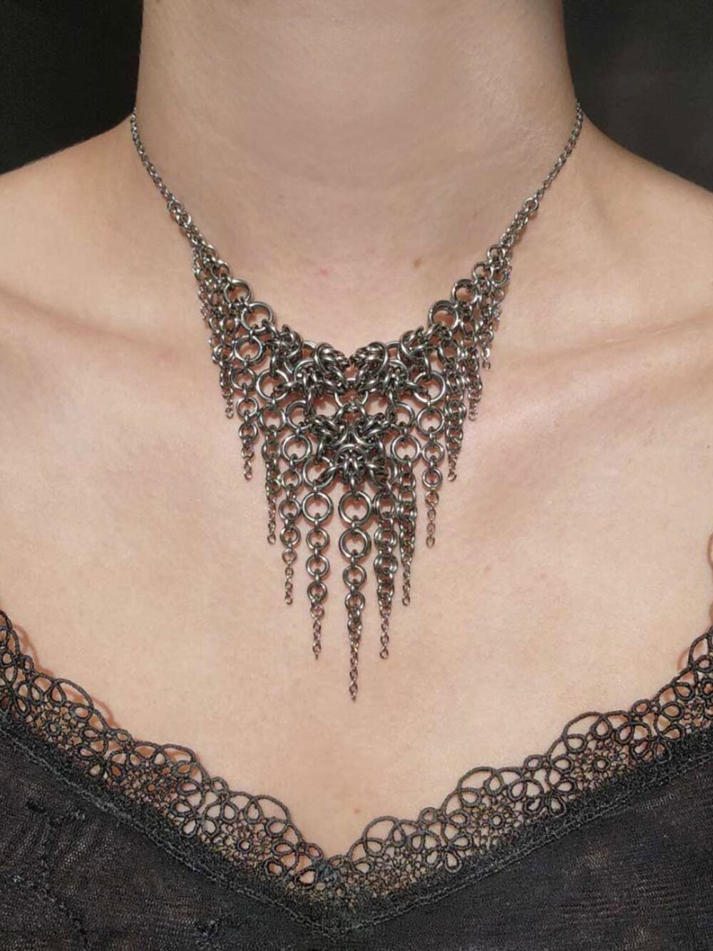Gothic silver statement necklace with a V shape